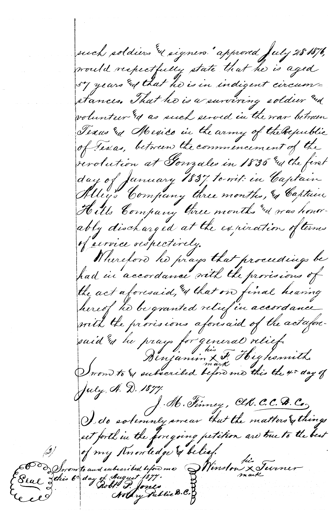 Sworn statement of Benjamin F. Highsmith that he was 57 in 1877