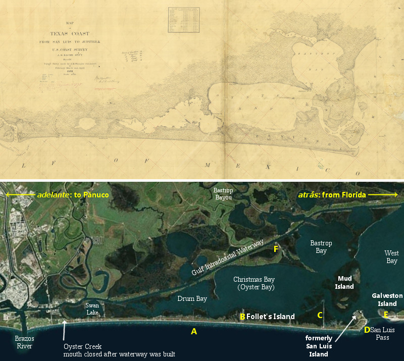 Follet's Island in an 1853 map and satellite photo