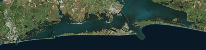 Satellite photo of the major islands of Galveston Bay