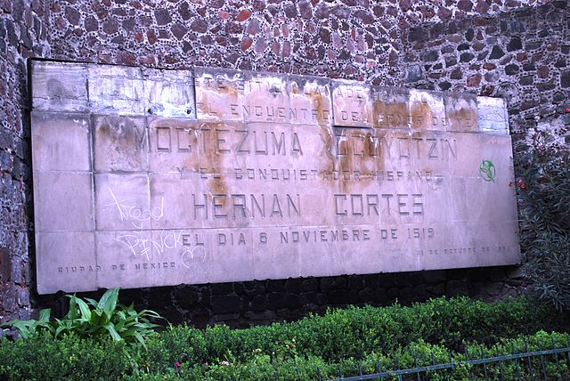 Cortes and Montezuma meeting sign in Mexico City