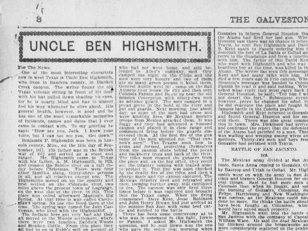 Clipping of Sowell's biography of Highsmith, in the Galveston Daily News, April 30, 1897