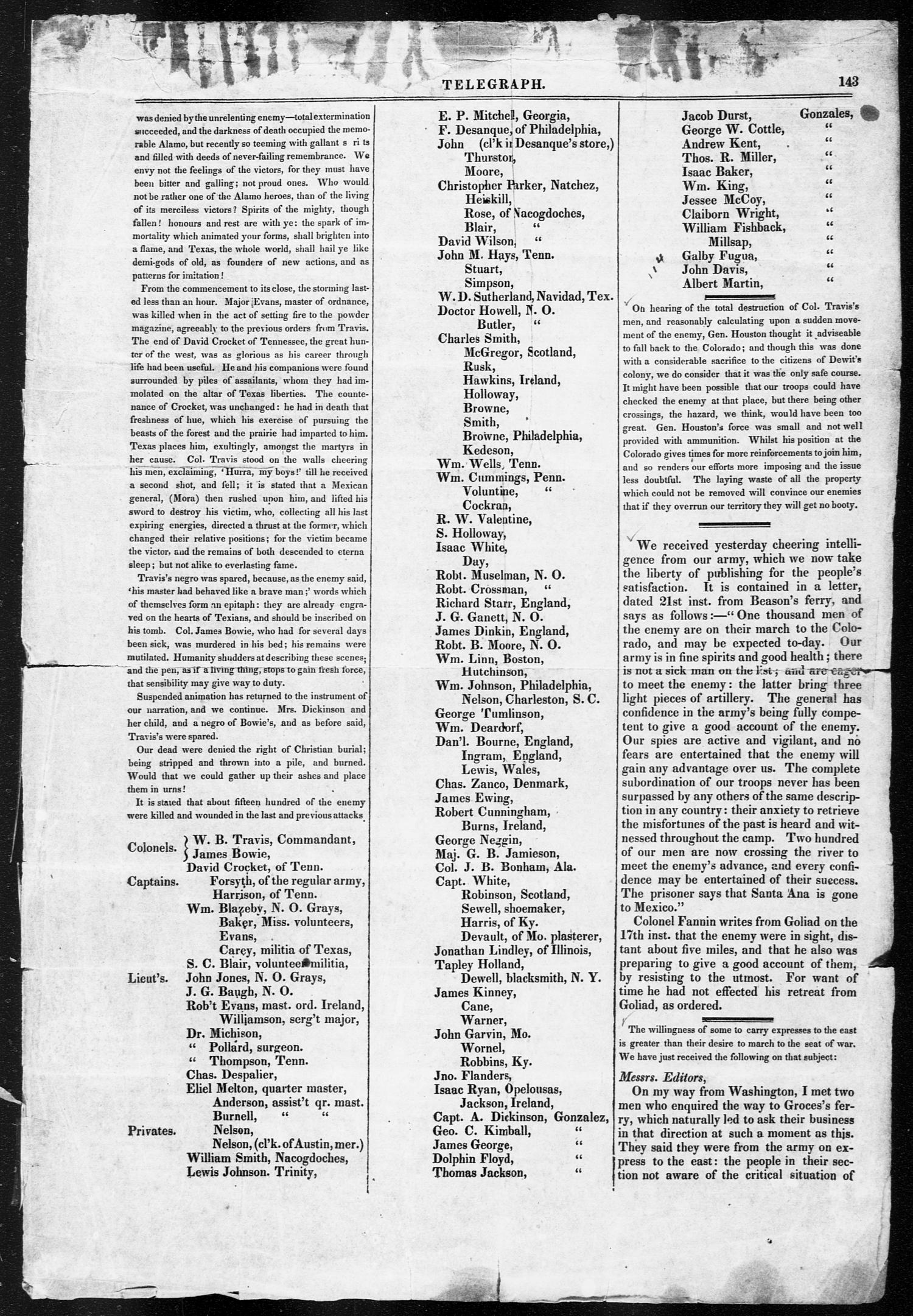 Texas Telegraph's Alamo casualty list.