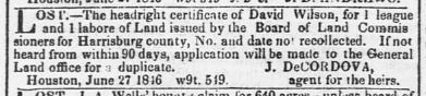 Lost David Wilson headright certificate notice